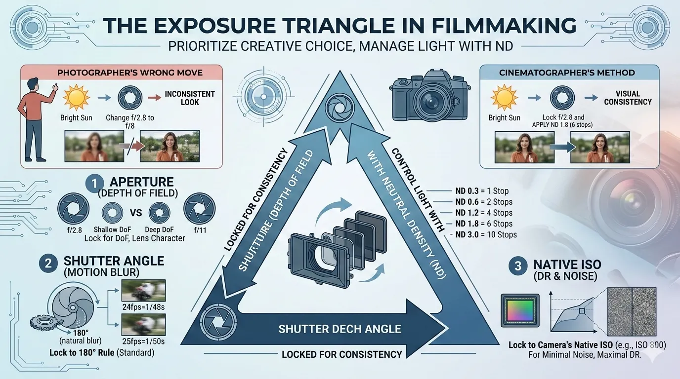Cinematographer adjusting exposure settings on a cinema camera on location